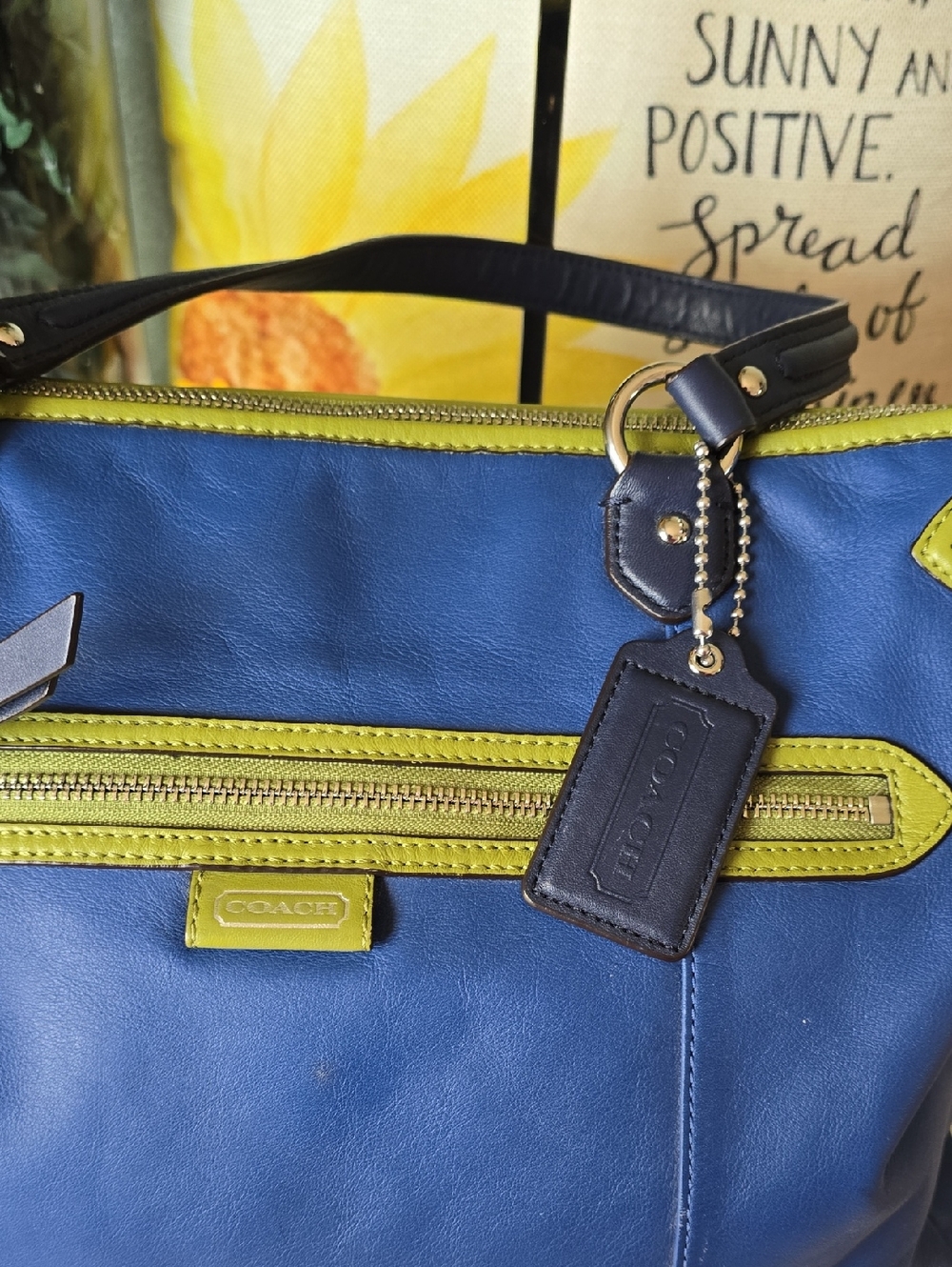 Coach Daisy Spectator Blue Leather Tote with Lime Trim and Navy Blue Handles - Picture 10 of 15
